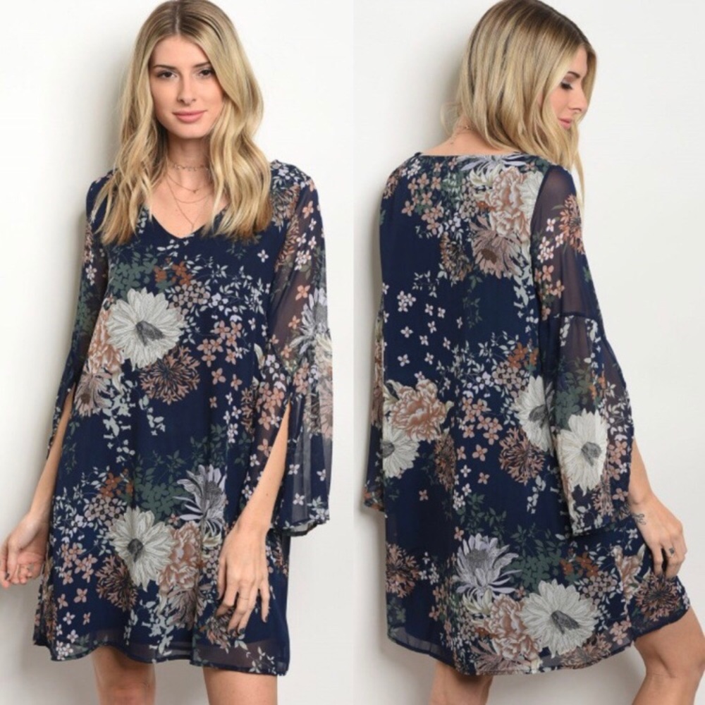 Blue Floral Dress W/ Sheer Overlay
